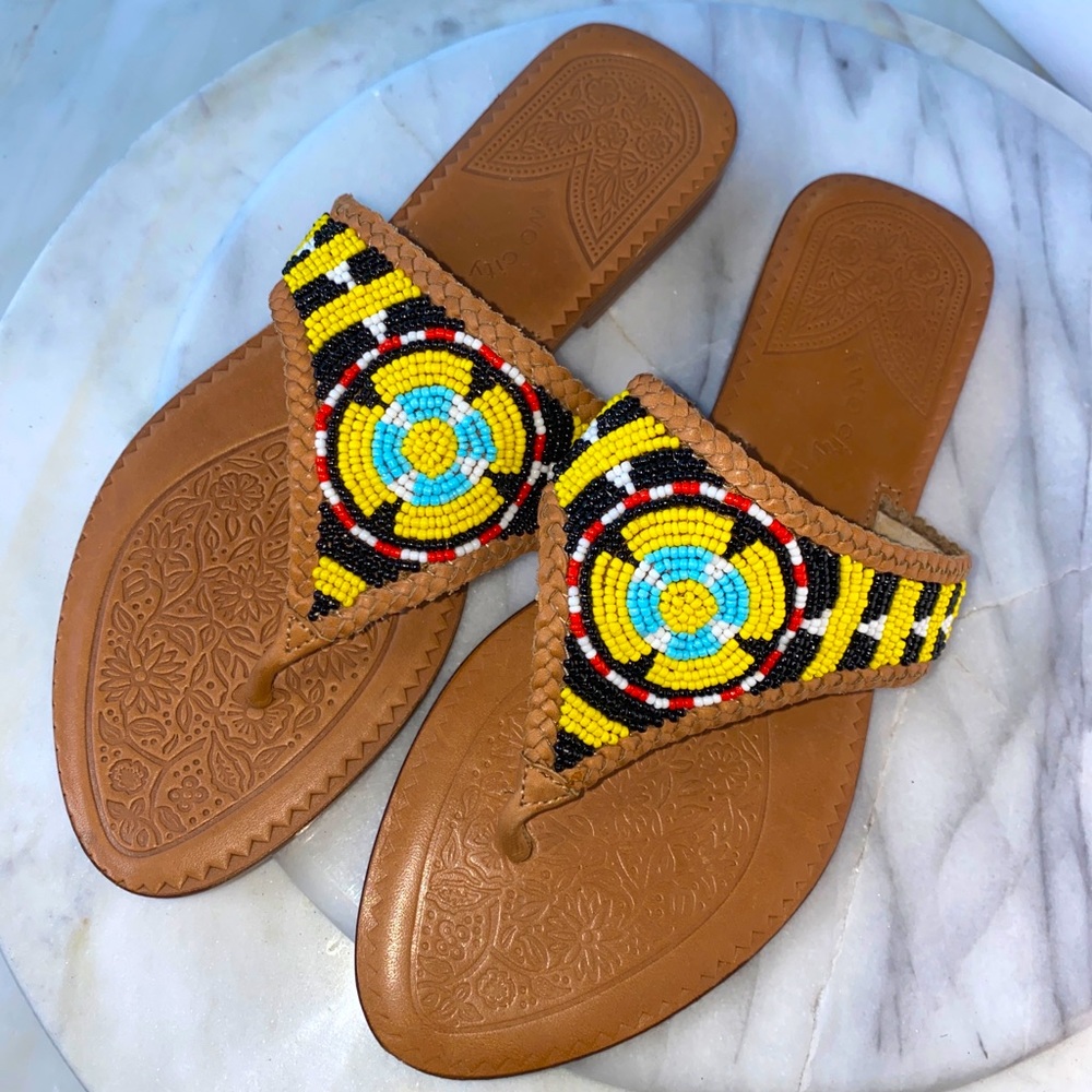 Two City Kids Tribal Microbeads Yellow Blue Hand-beaded Womens Thong Flip-Flop 7